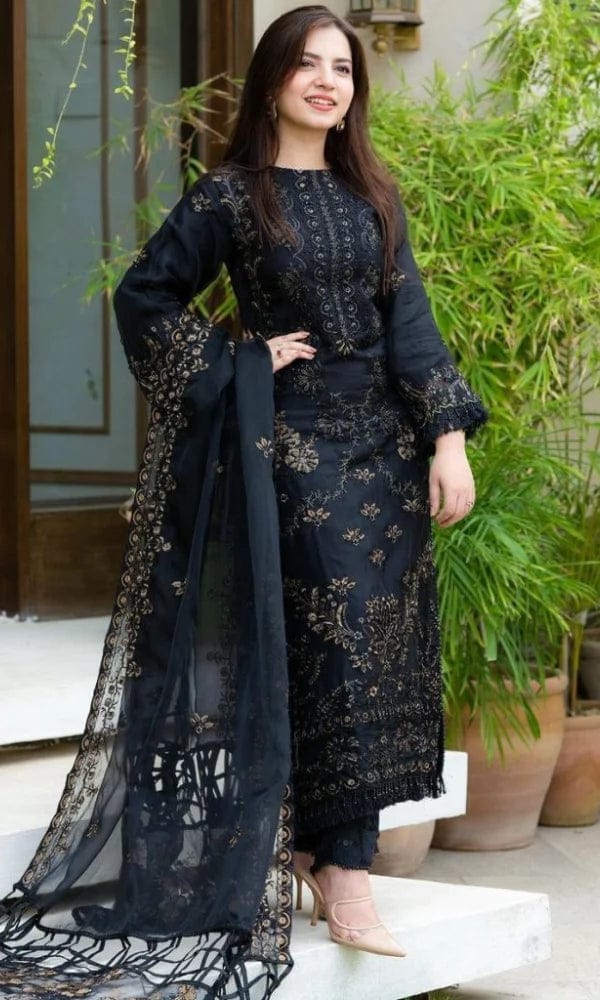 Luxury Black Embroidered Dhanak Unstitched 3-Piece Suit