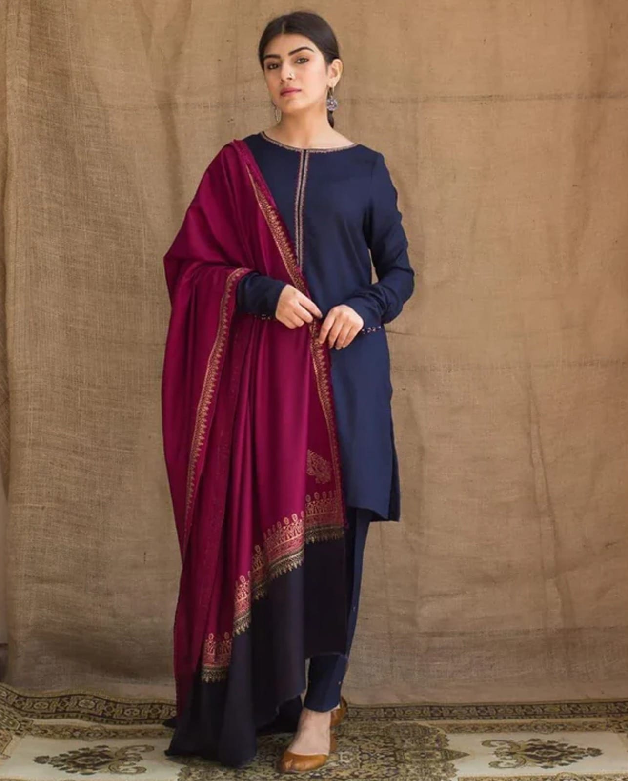 DYOT Embroidered Dhanak Unstitched 3-Piece Suit with Wool Shawl